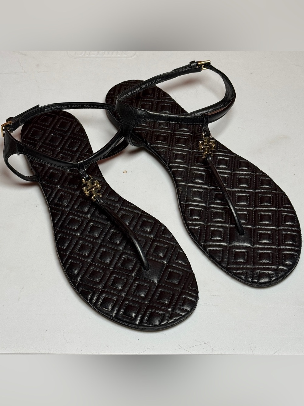 Tory Burch Marion Quilted Thong Sandals Black Leather Ankle Strap Gold Logo sz 9